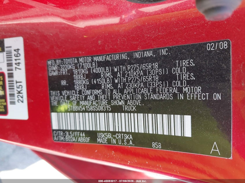 2008 Toyota Tundra VIN 5TBBV54158S508315 IAAI salvage auction — NORMAL WEAR, Salvage Title (New York), sold $2,650 on 2026-07-15 (photo 9)