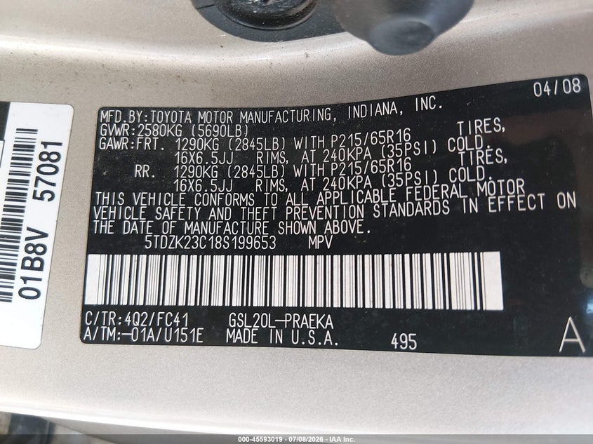2008 Toyota Sienna VIN 5TDZK23C18S199653 IAAI salvage auction — NORMAL WEAR, Clear-Dealer Only (Oregon), sold $300 on 2026-07-30 (photo 9)