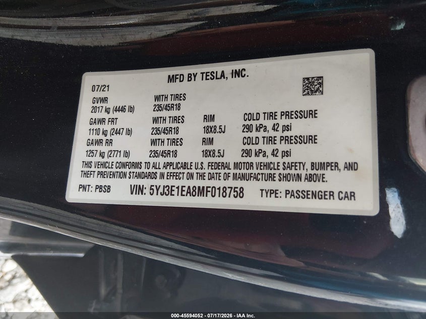 2021 Tesla Model 3 VIN 5YJ3E1EA8MF018758 IAAI salvage auction — LEFT FRONT, Salvage Title, sold $5,500 on 2026-07-31 (photo 9)