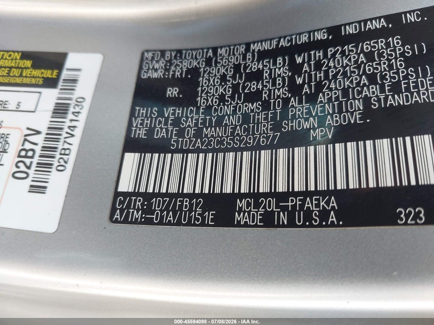 2005 Toyota Sienna VIN 5TDZA23C35S297677 IAAI salvage auction — FRONT END, Salvage (California), sold $550 on 2026-07-22 (photo 9)
