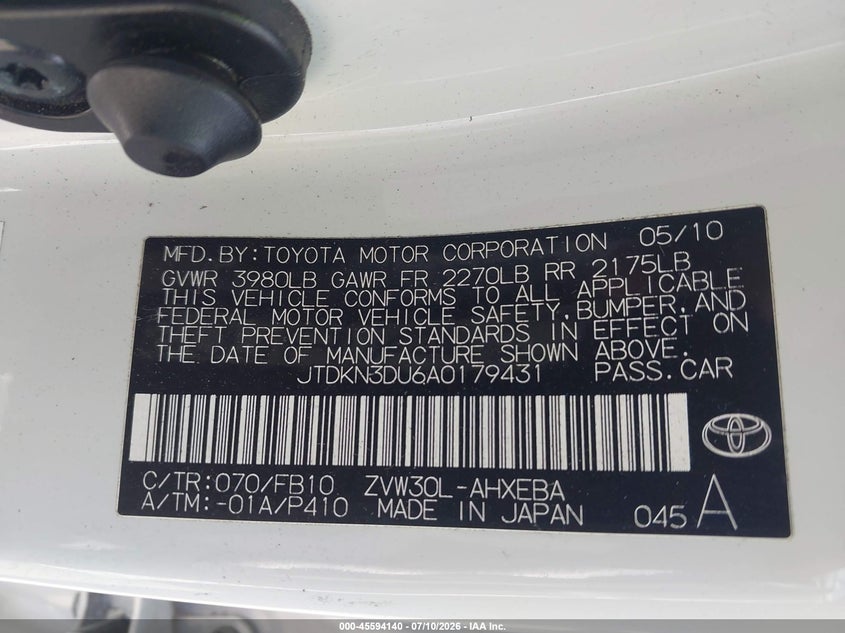 2010 Toyota Prius VIN JTDKN3DU6A0179431 IAAI salvage auction — SIDE, Clear - Dealer Only (California), sold $2,400 on 2026-07-22 (photo 9)