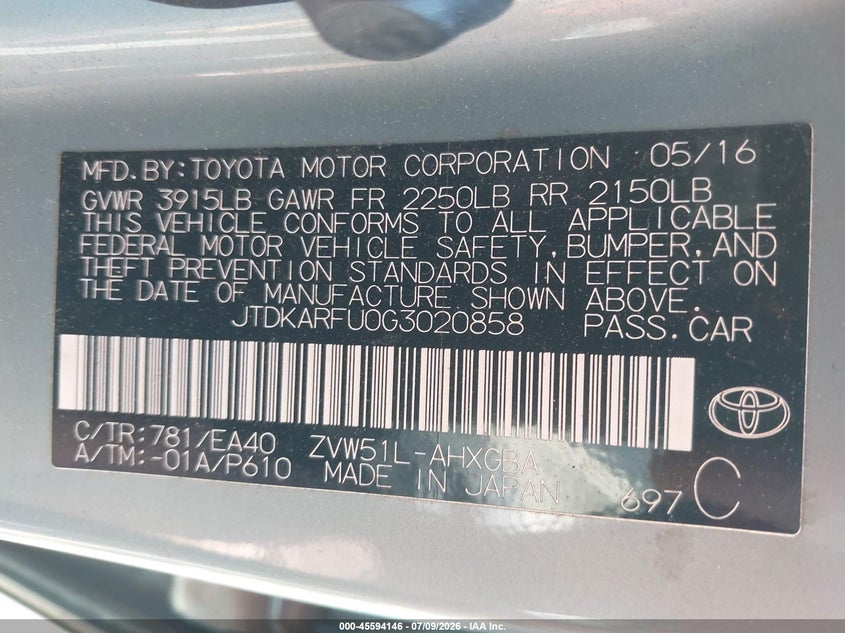 2016 Toyota Prius VIN JTDKARFU0G3020858 IAAI salvage auction — NORMAL WEAR, Clear (Massachusetts), sold $7,700 on 2026-07-17 (photo 9)