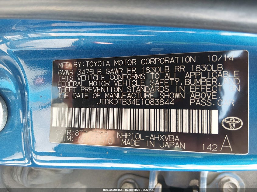 2014 Toyota Prius c VIN JTDKDTB34E1083844 IAAI salvage auction — NORMAL WEAR, Clear (South Carolina), sold $275 on 2026-07-29 (photo 9)