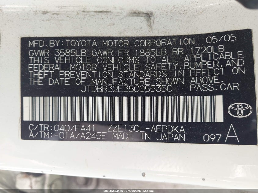 2005 Toyota Corolla VIN JTDBR32E350055350 IAAI salvage auction — NORMAL WEAR, Clear - Dealer Only (California), sold $1,100 on 2026-07-15 (photo 9)