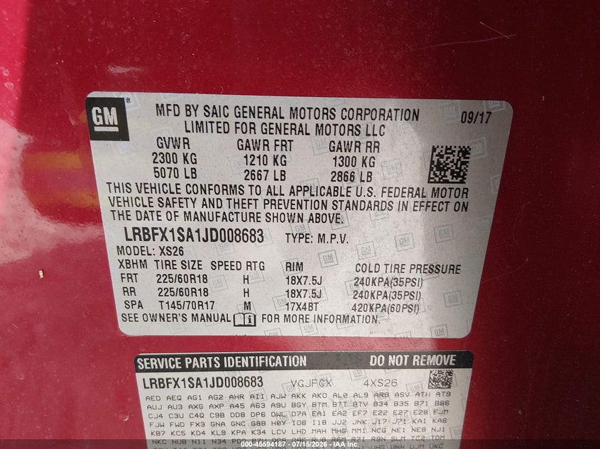 2018 Buick Envision VIN LRBFX1SA1JD008683 IAAI salvage auction — RIGHT FRONT, Salvage Title, sold $4,150 on 2026-10-09 (photo 9)