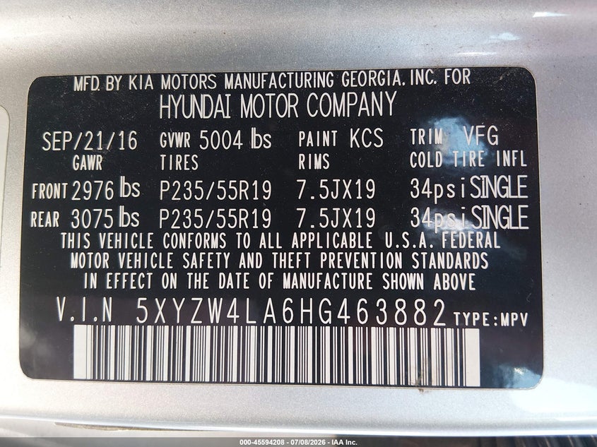 2017 Hyundai Santa fe VIN 5XYZW4LA6HG463882 IAAI salvage auction — NORMAL WEAR, Salvage Title, sold $5,025 on 2026-07-14 (photo 9)