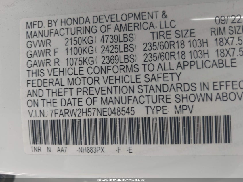 2022 Honda Cr-v VIN 7FARW2H57NE048545 IAAI salvage auction — FRONT END, Salvage (California), sold $8,600 on 2026-07-29 (photo 9)