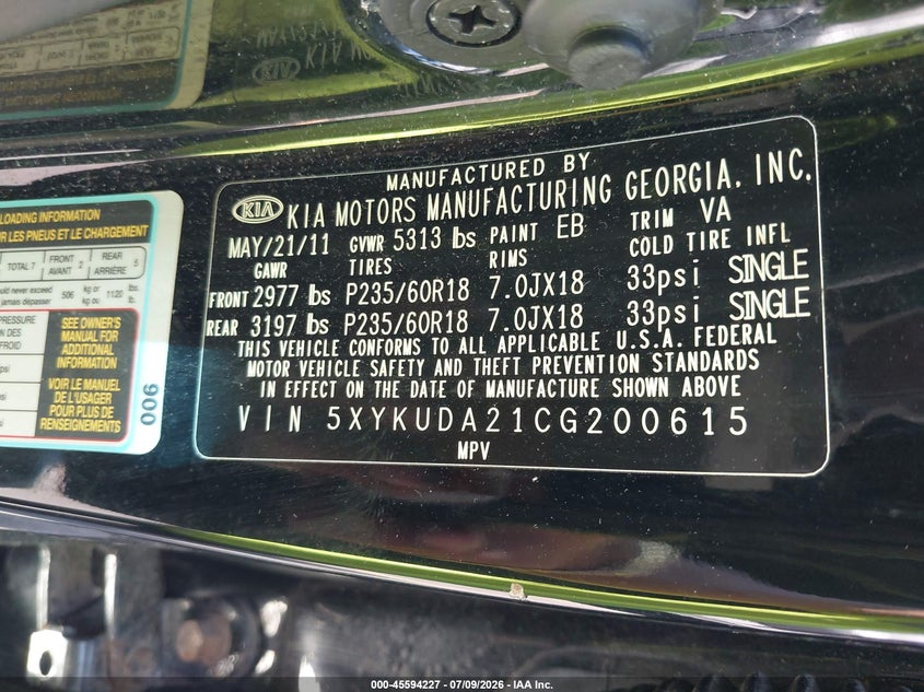 2012 Kia Sorento VIN 5XYKUDA21CG200615 IAAI salvage auction — UNKNOWN, Clear (Massachusetts), sold $1,100 on 2026-07-16 (photo 9)