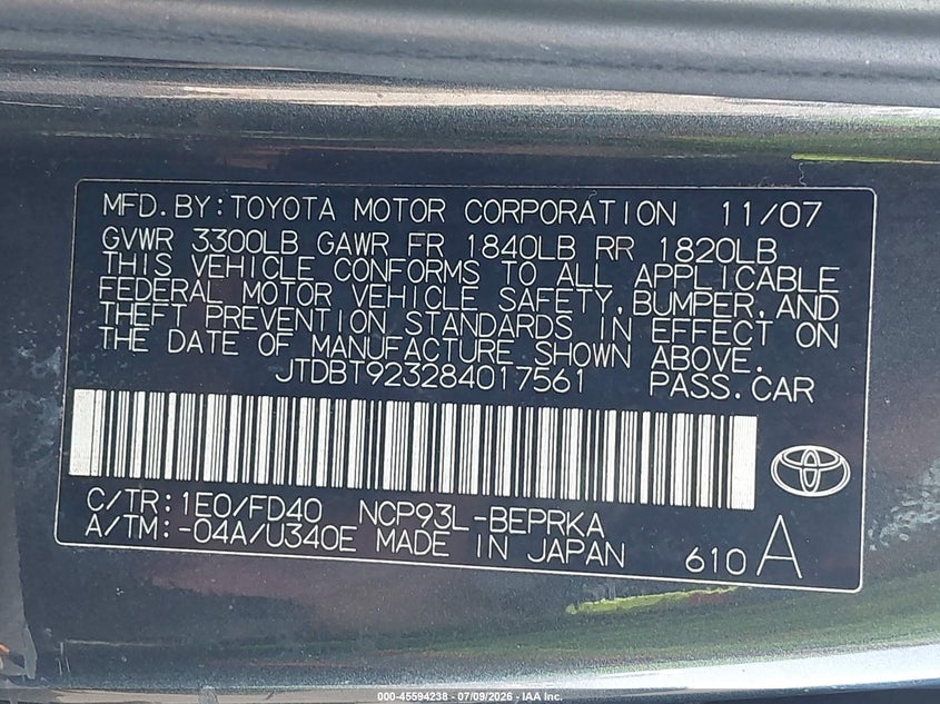 2008 Toyota Yaris VIN JTDBT923284017561 IAAI salvage auction — NORMAL WEAR, Clear (Florida), sold $650 on 2026-07-29 (photo 9)