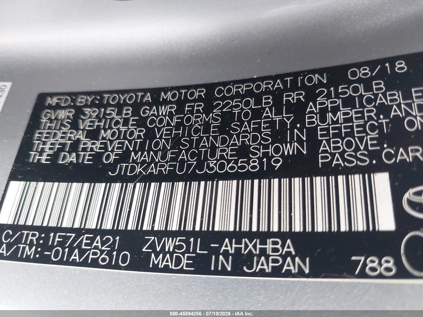2018 Toyota Prius VIN JTDKARFU7J3065819 IAAI salvage auction — FRONT END, Rebuildable (Florida), sold $300 on 2026-07-28 (photo 9)