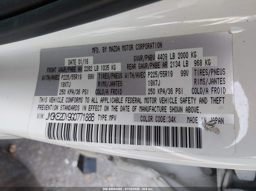 2016 Mazda Cx-5 VIN JM3KE2DY9G0771886 IAAI salvage auction — SIDE, Salvage Title, sold $3,250 on 2026-08-01 (photo 9)