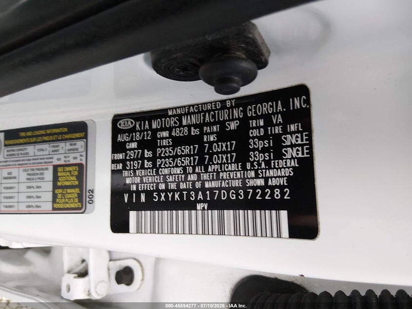 2013 Kia Sorento VIN 5XYKT3A17DG372282 IAAI salvage auction — NORMAL WEAR, Clear (Indiana), sold $1,200 on 2026-07-20 (photo 9)