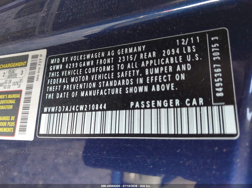 2012 Volkswagen Gti VIN WVWFD7AJ4CW210844 IAAI salvage auction — NORMAL WEAR, Clear (Virginia), sold $425 on 2026-07-27 (photo 9)