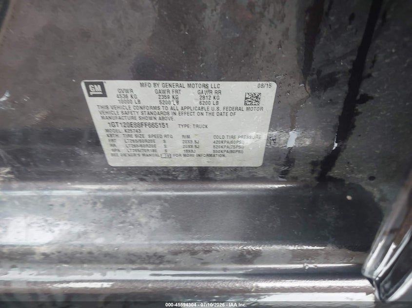 2015 Gmc VIN 1GT120E88FF665151 IAAI salvage auction — SIDE, Salvage Title, sold $3,950 on 2026-08-29 (photo 9)