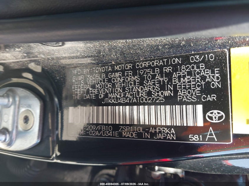 2010 Scion Xd VIN JTKKU4B47A1002725 IAAI salvage auction — NORMAL WEAR, Clear - Dealer Only (California), sold $2,875 on 2026-07-16 (photo 9)