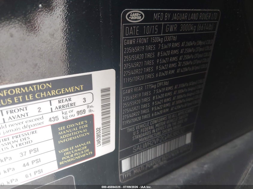 2016 Land rover Range rover sport VIN SALWR2VF2GA638532 IAAI salvage auction — NORMAL WEAR, Clear (Connecticut), sold $2,050 on 2026-07-28 (photo 9)
