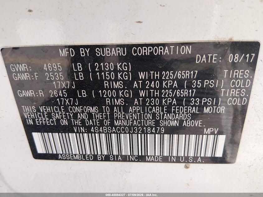 2018 Subaru Outback VIN 4S4BSACC0J3218479 IAAI salvage auction — REAR END, Salvage (Utah), sold $2,950 on 2026-09-11 (photo 9)