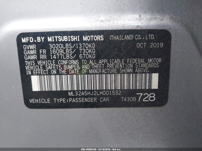 2020 Mitsubishi Mirage VIN ML32A5HJ2LH001532 IAAI salvage auction — FRONT END, Wait Title, sold $1,550 on 2026-09-04 (photo 9)
