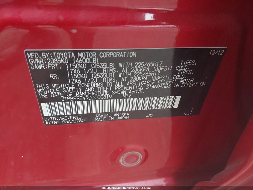 2013 Toyota Rav 4 VIN JTMBFREV9DD000819 IAAI salvage auction — RIGHT FRONT, Salvage Title, sold $1,550 on 2026-07-22 (photo 9)