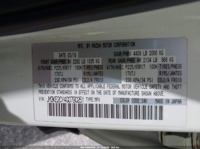 2016 Mazda Cx-5 VIN JM3KE2CY4G0790251 IAAI salvage auction — FRONT END, Salvage Title, sold $2,900 on 2026-07-28 (photo 9)