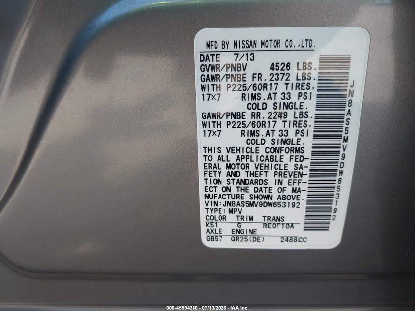 2013 Nissan Rogue VIN JN8AS5MV9DW653192 IAAI salvage auction — UNKNOWN, Salvage (Pennsylvania), sold $25 on 2026-07-24 (photo 9)