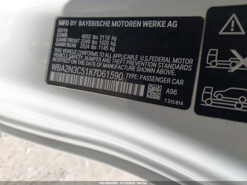 2019 BMW 2er VIN WBA2N3C51K7D61590 IAAI salvage auction — FRONT END, Salvage (Pennsylvania), sold $8,700 on 2026-07-28 (photo 9)