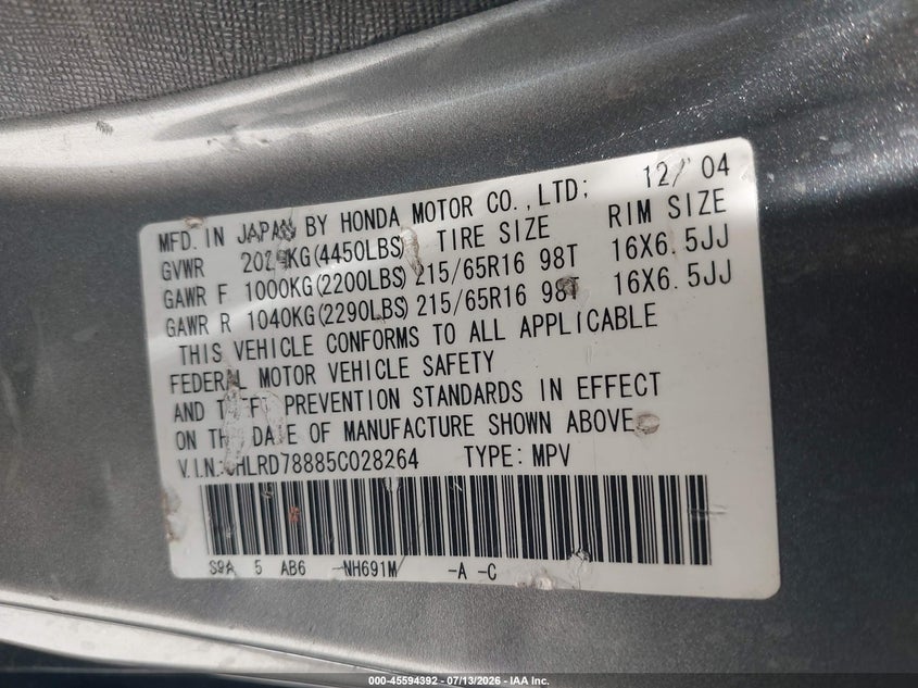 2005 Honda Cr-v VIN JHLRD78885C028264 IAAI salvage auction — LEFT FRONT, Salvage (Arizona), sold $1,050 on 2026-07-28 (photo 9)
