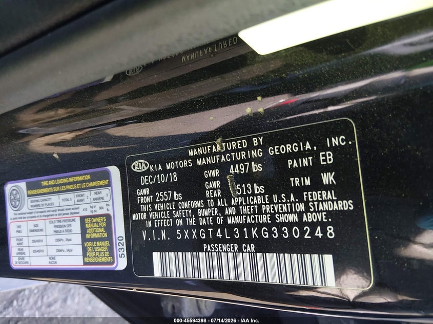 2019 Kia Optima VIN 5XXGT4L31KG330248 IAAI salvage auction — RIGHT FRONT, Salvage Certificate (California), sold $1,950 on 2026-07-31 (photo 9)