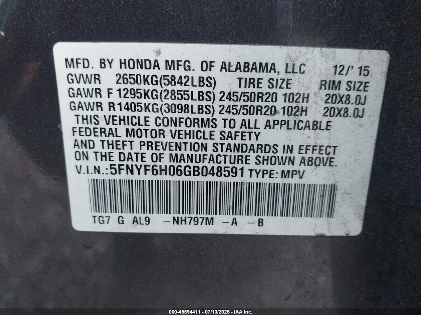 2016 Honda Pilot VIN 5FNYF6H06GB048591 IAAI salvage auction — NORMAL WEAR, Clear (Virginia), sold $2,075 on 2026-07-17 (photo 9)