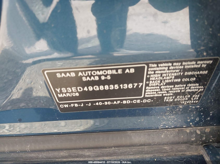 2008 Saab 9-5 VIN YS3ED49G883513677 IAAI salvage auction — NORMAL WEAR, Clear-Endorsement (Wisconsin), sold $25 on 2026-07-21 (photo 9)