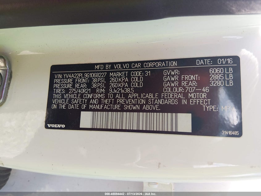 2016 Volvo Xc90 VIN YV4A22PL9G1068227 IAAI salvage auction — WATER/FLOOD, Salvage Title, sold $2,650 on 2026-07-23 (photo 9)