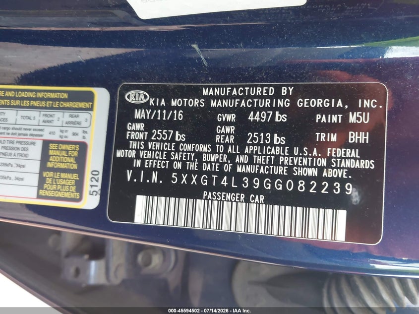 2016 Kia Optima VIN 5XXGT4L39GG082239 IAAI salvage auction — NORMAL WEAR, Clear-Dealer Only (North Carolina), sold $1,950 on 2026-07-27 (photo 9)