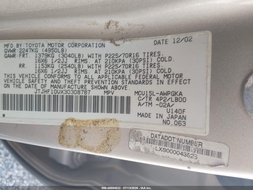 2003 Lexus Rx VIN JTJHF10UX30308787 IAAI salvage auction — UNKNOWN, Salvage - Greater Than 75% (Maryland), sold $325 on 2026-07-24 (photo 9)