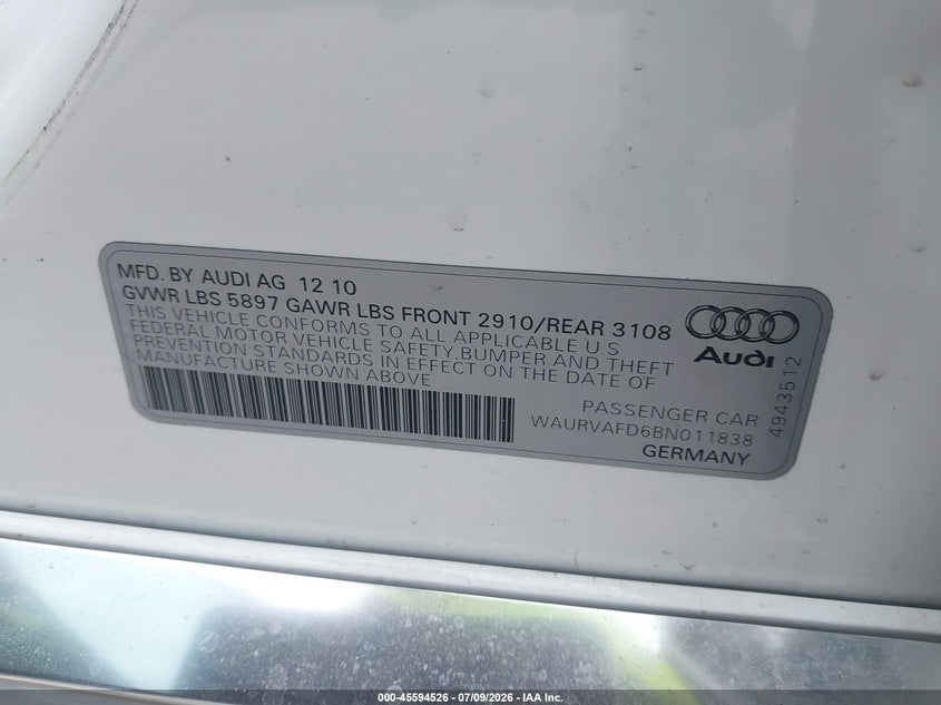 2011 Audi A8 VIN WAURVAFD6BN011838 IAAI salvage auction — FRONT END, Junk Bill Of Sale Mv2459 (Wisconsin), sold $425 on 2026-07-28 (photo 9)