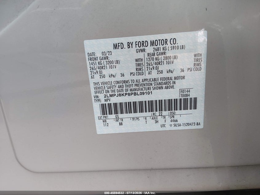 2023 Lincoln Nautilus VIN 2LMPJ8KP8PBL09101 IAAI salvage auction — SIDE, Salvage (Tennessee), sold $6,600 on 2026-08-01 (photo 9)