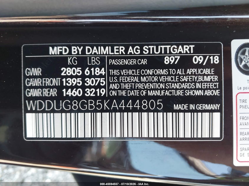 2019 Mercedes-benz S-klasse VIN WDDUG8GB5KA444805 IAAI salvage auction — FRONT END, Salvage (Illinois), sold $14,100 on 2026-08-07 (photo 9)