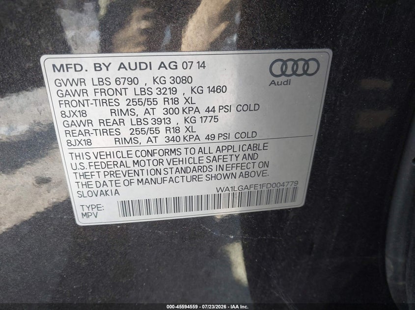2015 Audi Q7 VIN WA1LGAFE1FD004779 IAAI salvage auction — FRONT END, Salvage Title, sold $2,000 on 2026-09-08 (photo 9)