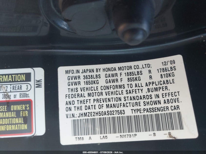 2010 Honda Insight VIN JHMZE2H50AS027563 IAAI salvage auction — REAR END, Reconstructed (Massachusetts), sold $400 on 2026-07-31 (photo 9)