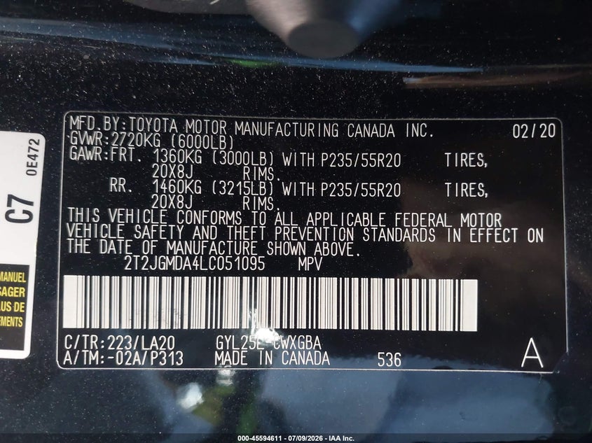 2020 Lexus Rx VIN 2T2JGMDA4LC051095 IAAI salvage auction — LEFT SIDE, Salvage (California), sold $16,600 on 2026-07-30 (photo 9)