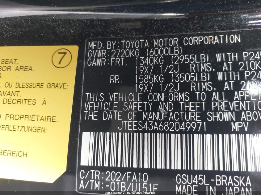 2008 Toyota Highlander VIN JTEES43A682049971 IAAI salvage auction — RIGHT SIDE, Salvage (California), sold $900 on 2026-07-29 (photo 9)