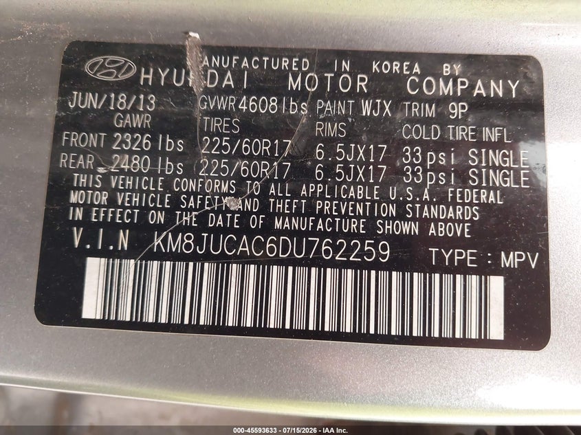 2013 Hyundai Tucson VIN KM8JUCAC6DU762259 IAAI salvage auction — NORMAL WEAR, Clear (New York), sold $375 on 2026-07-23 (photo 9)