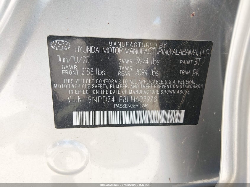 2020 Hyundai Elantra VIN 5NPD74LF8LH602978 IAAI salvage auction — NORMAL WEAR, Sf97 (California), sold $11,950 on 2026-07-30 (photo 9)