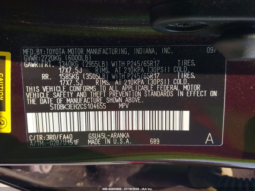 2012 Toyota Highlander VIN 5TDBK3EH2CS104655 IAAI salvage auction — REAR END, Salvage Title, sold $2,100 on 2026-07-30 (photo 9)
