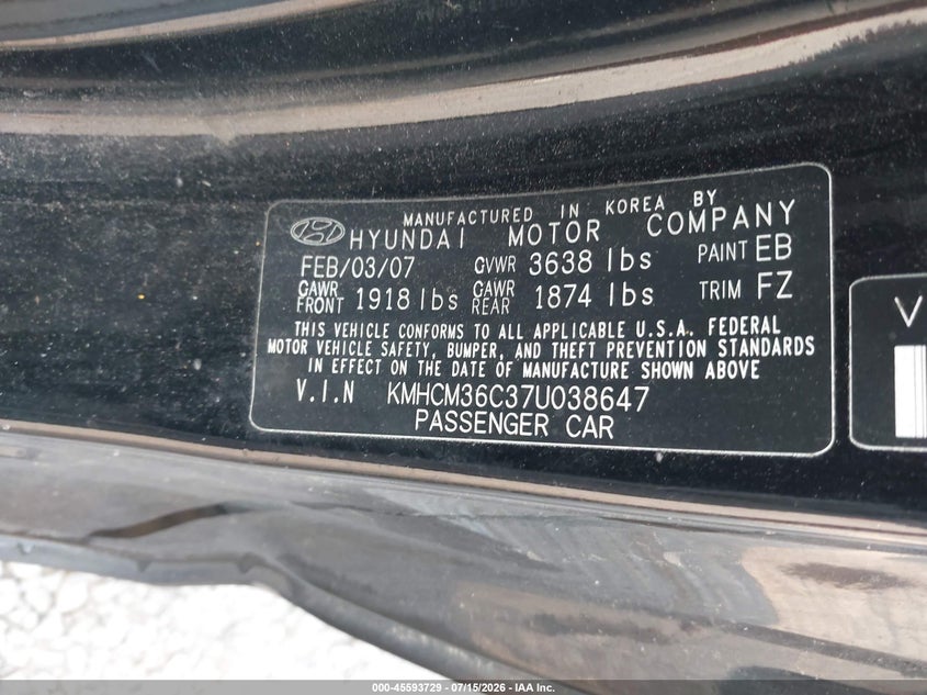 2007 Hyundai Accent VIN KMHCM36C37U038647 IAAI salvage auction — NORMAL WEAR, Original (Kentucky), sold $50 on 2026-07-21 (photo 9)