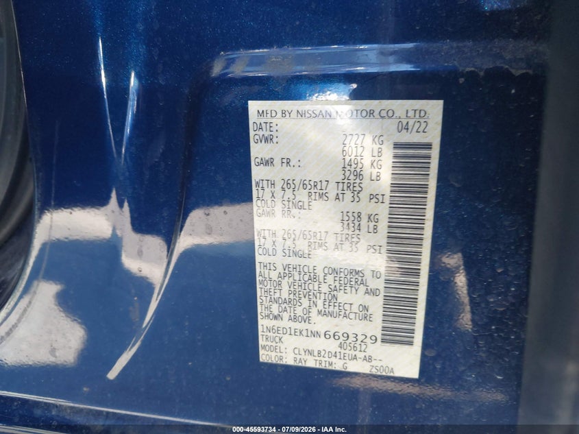 2022 Nissan Navara (frontier) VIN 1N6ED1EK1NN669329 IAAI salvage auction — LEFT FRONT, Salvage Title, sold $7,675 on 2026-08-20 (photo 9)