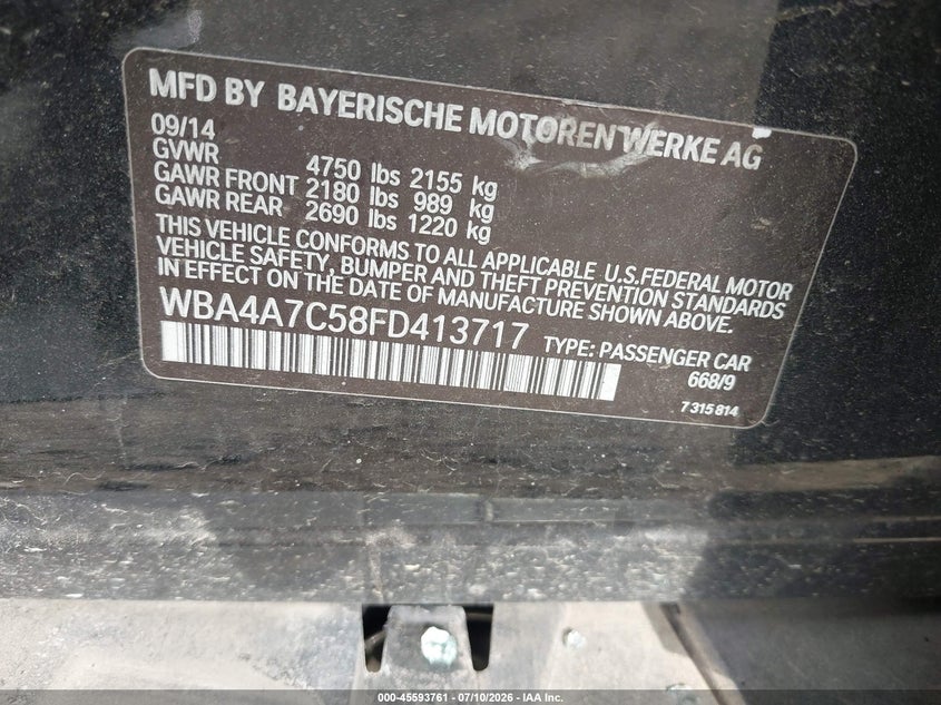 2015 BMW 4er VIN WBA4A7C58FD413717 IAAI salvage auction — ROLLOVER, Clear (Indiana), sold $300 on 2026-08-19 (photo 9)