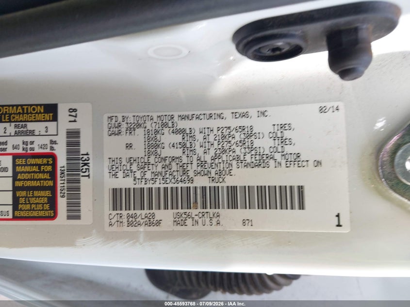 2014 Toyota Tundra VIN 5TFBY5F15EX364699 IAAI salvage auction — Burn Interior, Salvage (California), sold $9,000 on 2026-07-31 (photo 9)