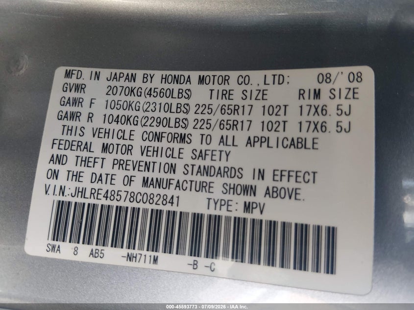 2008 Honda Cr-v VIN JHLRE48578C082841 IAAI salvage auction — NORMAL WEAR, Clear (Nevada), sold $1,975 on 2026-07-24 (photo 9)