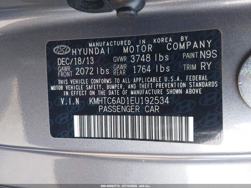 2014 Hyundai Veloster VIN KMHTC6AD1EU192534 IAAI salvage auction — NORMAL WEAR, Clear (Massachusetts), sold $400 on 2026-07-23 (photo 9)