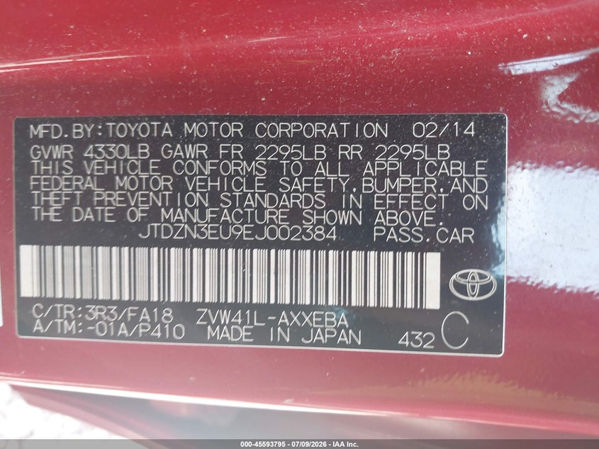2014 Toyota Prius v VIN JTDZN3EU9EJ002384 IAAI salvage auction — NORMAL WEAR, Clear (Tennessee), sold $3,300 on 2026-07-16 (photo 9)